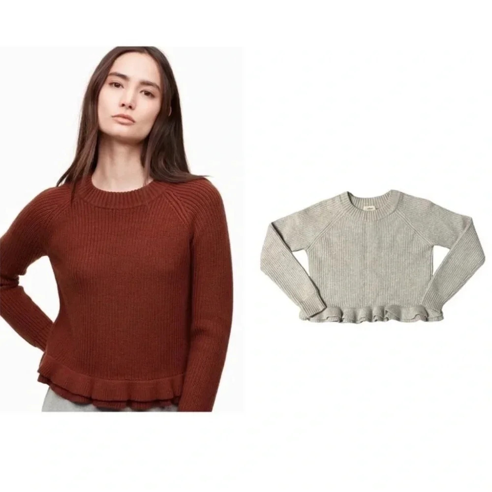 Aritzia Wilfred Jonnie 100% Merino Wool Ruffle Hemline Ribbed Crewneck Sweater S